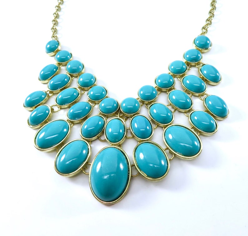 Bib Necklace Glass Turquoise Cabochons Gold Statement image 0