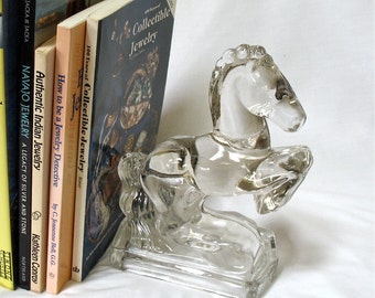 Horse Bookend, Rearing Horse, Clear Depression Glass, 1940's, L. E. Smith, Made in USA, Heavy, Doorstop, Paperweight, Gift Idea, Excellent