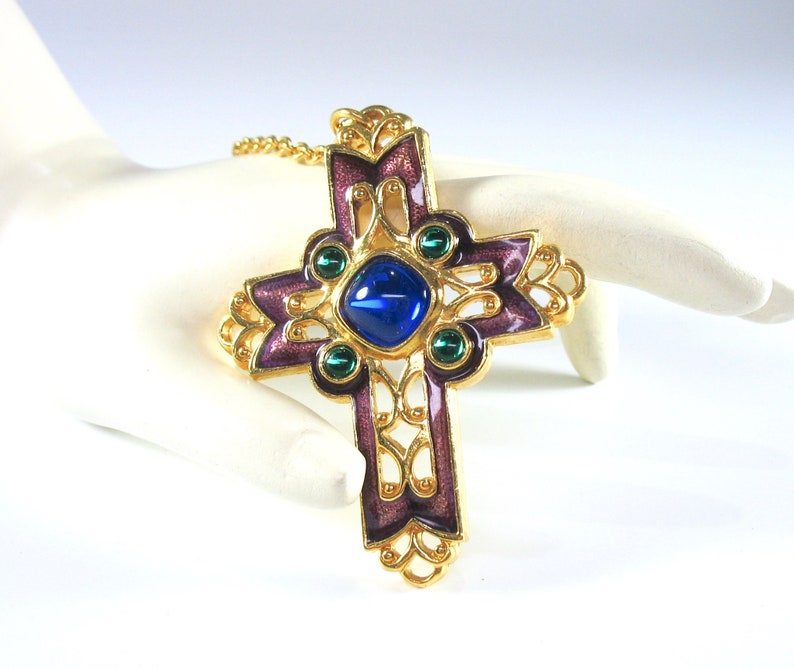 Avon Jeweled Cross Necklace Filigree Enamel 1980s Gold image 0