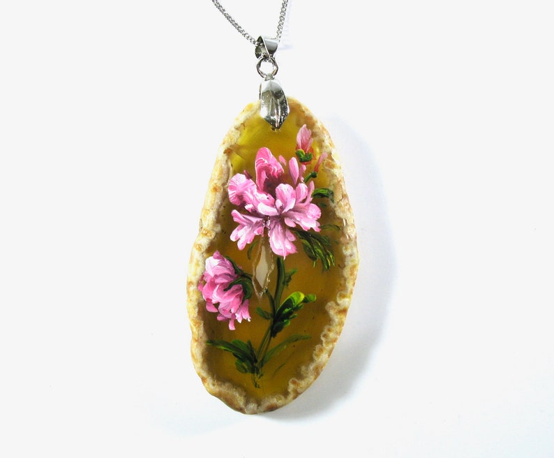 Agate Necklace Hand-Painted Pendant Flower Floral Natural image 0