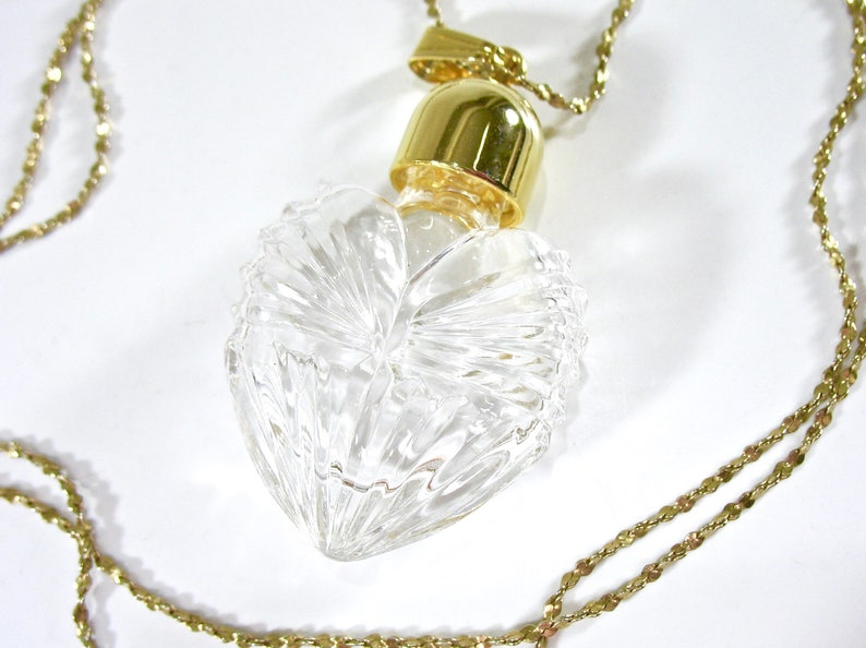 Vintage Perfume Bottle Pendant Heart Necklace Clear Pressed image 0