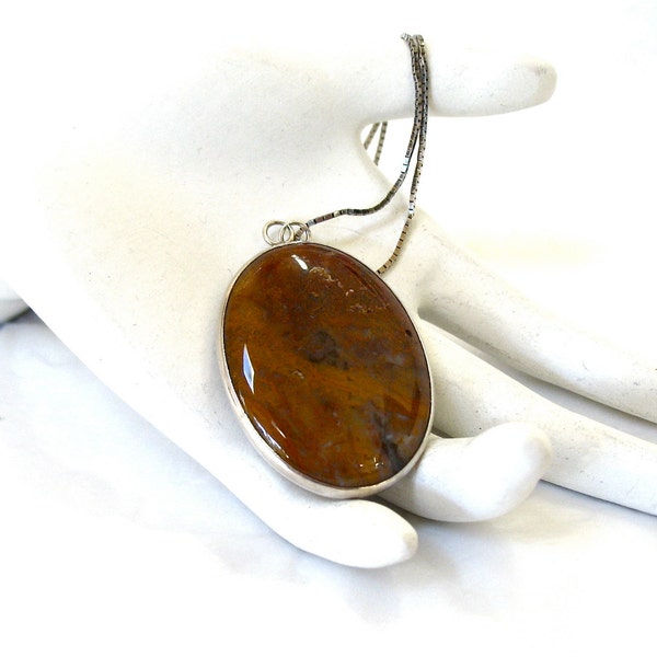 Large Sterling Silver Pendant Necklace polished stone cabochon 28"