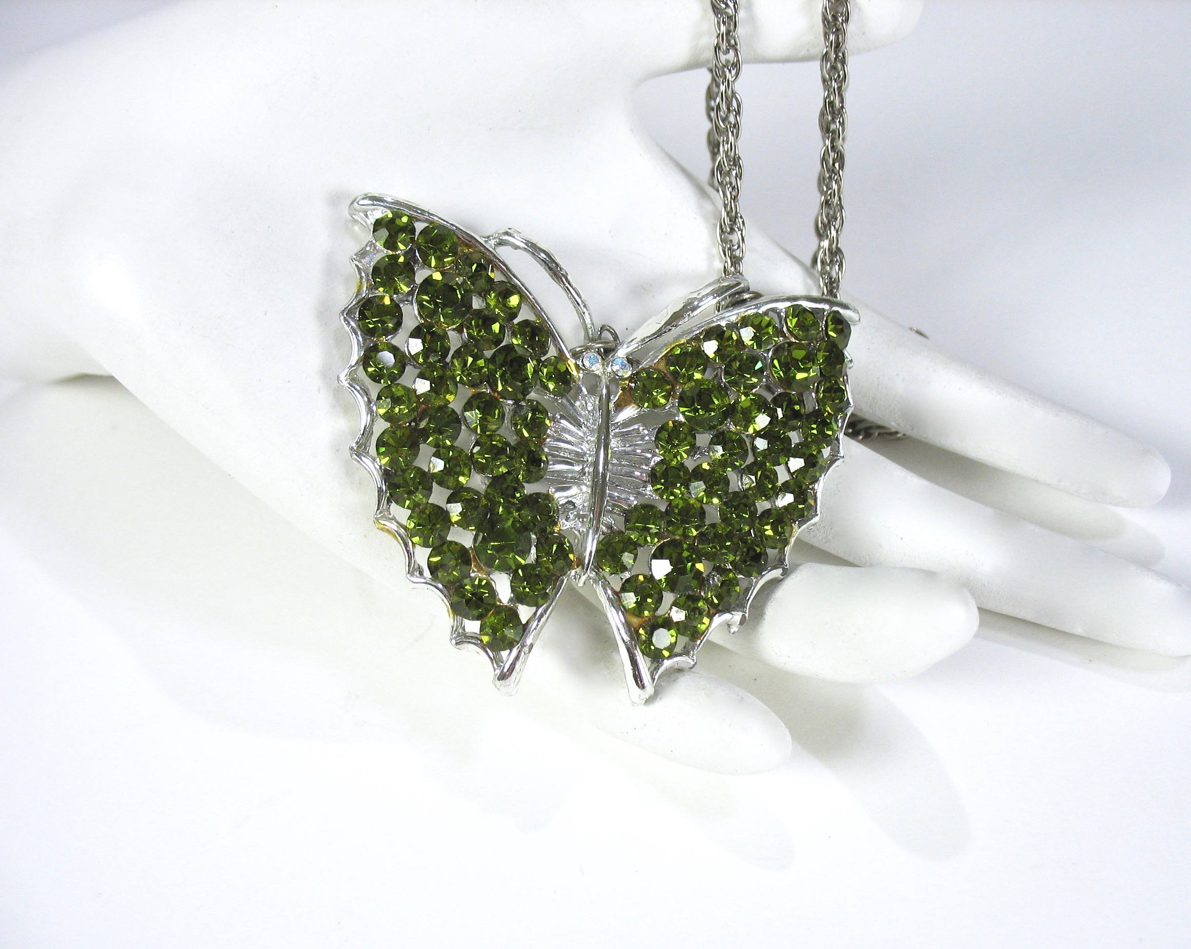 Butterfly Pendant Necklace Green Rhinestones Large Long Etsy