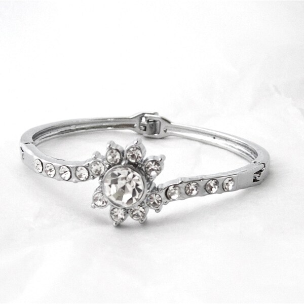 1960's Rhinestone Bangle Bracelet, hinged with clasp, clear rhinestones, floral centerpiece, Gift idea, Excellent