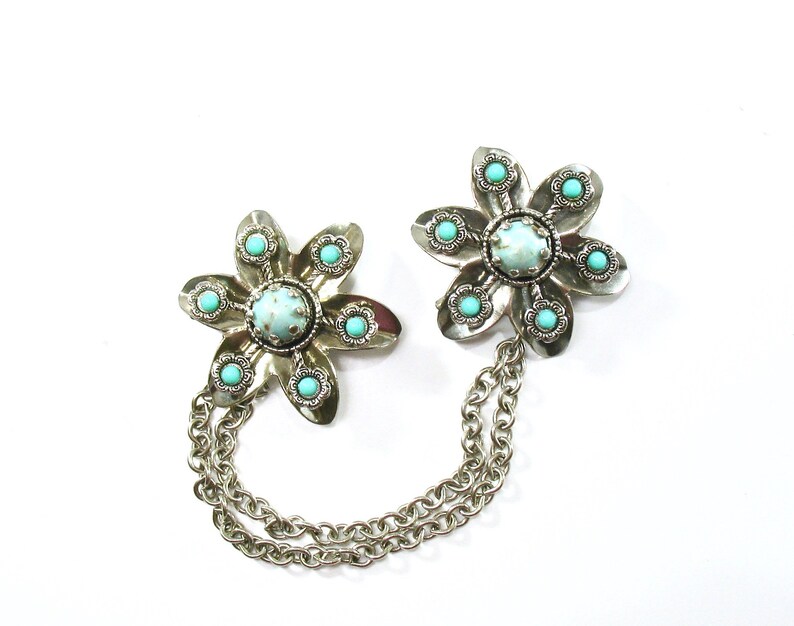 Turquoise Chatelain Sweater Pins Mid-Century Faux image 0