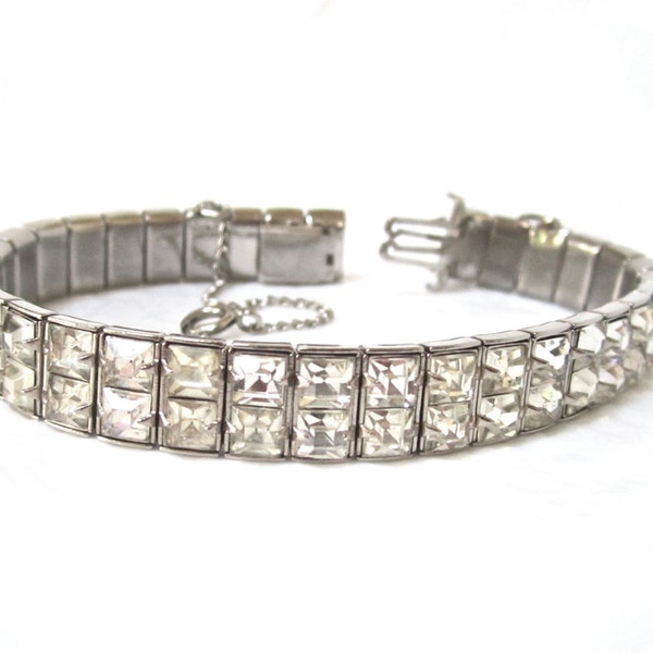 Vintage clear Rhinestone Bracelet square cut prong set