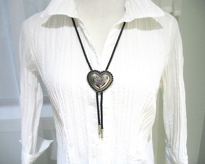 Bolo Tie Heart Concho Black Braided Tie Silver Ladies image 0