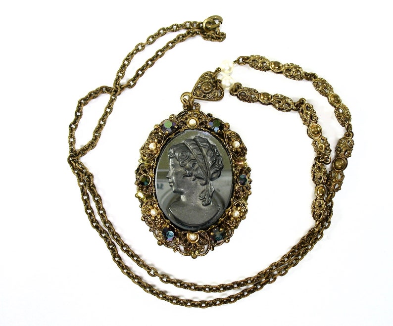 Vintage Cameo Necklace Pendant Black Glass Long Brass image 0