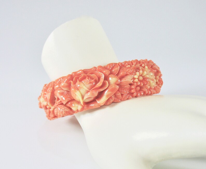Celluloid Bangle Marbled Coral Color Dimensional Flowers image 0