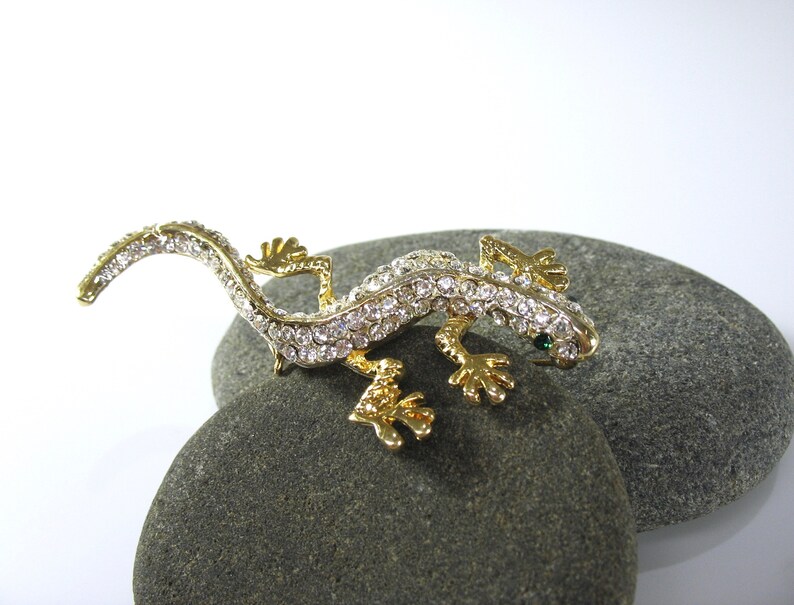Rhinestone Lizard Pin Gecko Clear Pave Rhinestones Gold image 0
