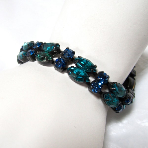 RESERVED for Susan…..Rhinestone Bracelet marquise turquoise japanned 1980's