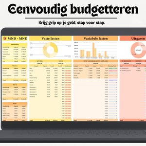 Op de afbeelding: Een laptop met een Microsoft Excel-spreadsheet met financiële gegevens. Het scherm toont grafieken en tabellen met de tekst "Eenvoudig budgetteren" en "Krijg grip op je geld, stap voor stap." Een groen pictogram met "XLS" staat linksonder.