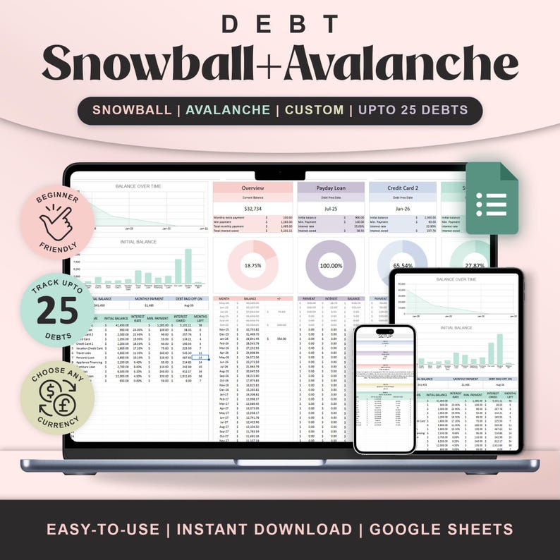May include: A digital debt tracker displayed on a laptop, tablet, and smartphone. The screen shows financial data, charts, and the text "Snowball + Avalanche." Additional text includes "Beginner Friendly," "Track Up To 25 Debts," and "Choose Any Currency."