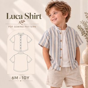 May include: A PDF sewing pattern for the Luca Shirt, featuring a short-sleeved, button-down shirt with a mandarin collar and vertical blue and beige stripes. The pattern includes technical line drawings of the front and back, sized 6M to 10Y.