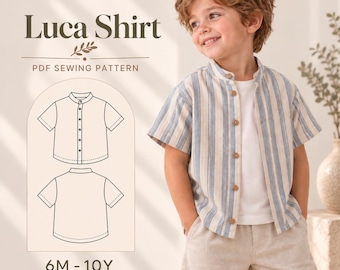 Patrón de costura para camisa infantil, patrón de camisa para niño en PDF, camisa de verano de manga corta para niños pequeños, patrón de camisa con botones para niños, ideal para principiantes.
