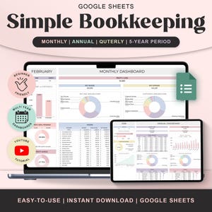 May include: A digital bookkeeping template for Google Sheets, displayed on a laptop and tablet. The design features a pastel color scheme with charts and graphs. Text includes "Simple Bookkeeping," "Monthly," "Annual," and "Easy-to-Use."