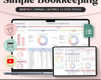 Simple Bookkeeping Spreadsheet Business bookkeeping Google sheets template Accounting Finance Tax planner Expense Tracker Digital download