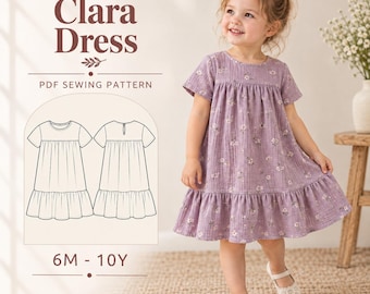 Patrón de costura para vestido infantil, vestido con volantes para niñas en PDF, vestido de verano para niñas pequeñas, vestido fruncido con volantes, patrón de vestido para bebé de 6 meses a 10 años.