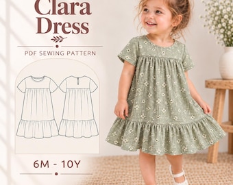 Patrón de costura para vestido infantil, vestido con volantes para niña pequeña en PDF, patrón de vestido infantil, vestido de verano para niñas, vestido fruncido con volantes, patrón de vestido para bebé.