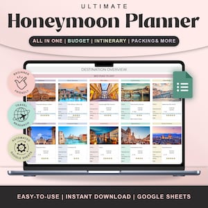 May include: A laptop screen showing a "Honeymoon Planner" template with the text "Ultimate Honeymoon Planner." The screen displays a destination overview with travel photos. Text includes "All in One," "Budget," and "Google Sheets."