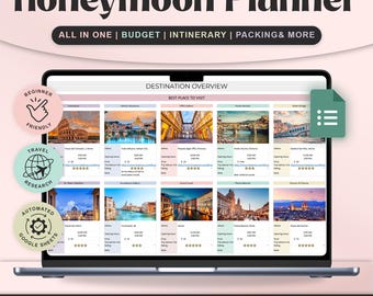 Honeymoon Travel Planner Google sheet Digital Holiday Plan Trip Itinerary Template Vacation Organizer Planner Packing List Travel Budget