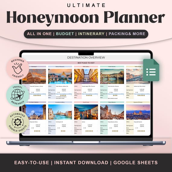 Honeymoon Travel Planner Google sheet Digital Holiday Plan Trip Itinerary Template Vacation Organizer Planner Packing List Travel Budget