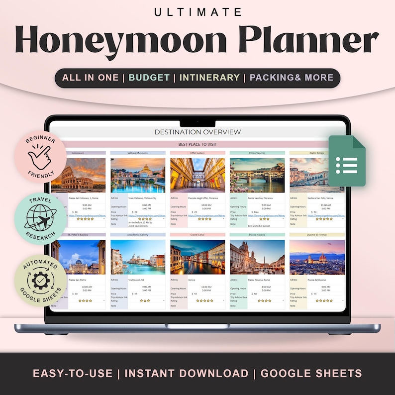May include: A laptop screen showing a "Honeymoon Planner" template with the text "Ultimate Honeymoon Planner." The screen displays a destination overview with travel photos. Text includes "All in One," "Budget," and "Google Sheets."