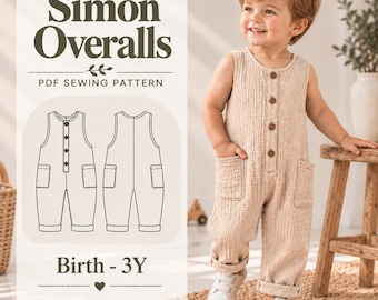 Patrón de costura de peto para niños, patrón de peto para bebé en PDF, mono para recién nacidos (niñas y niños), patrón de mono para bebé ideal para principiantes.