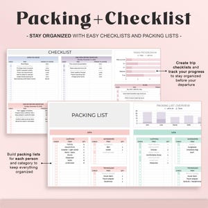 May include: A digital packing and checklist template with the words "Packing + Checklist" at the top. The template includes sections for checklists, packing lists, and task progression, with the ability to create lists for each person and category.