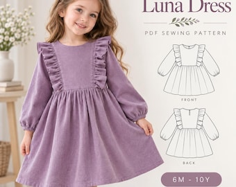 Patrón de vestido para niñas, patrón de costura en PDF para vestido con volantes de niña, patrón de vestido de verano estilo cottagecore con mangas abullonadas para niñas pequeñas, costura para principiantes