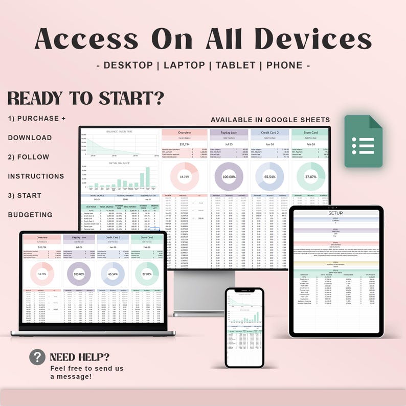 May include: A digital budgeting template displayed on a desktop computer, laptop, tablet, and smartphone. The image includes the text "Access On All Devices" and "Ready to Start?" with steps for purchase, download, instructions, and starting budgeting.