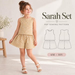 May include: A sleeveless top and shorts set in a mustard yellow and white gingham pattern. The image includes the text Sarah Set PDF SEWING PATTERN and 6M - 10Y, along with a technical line drawing showing the front and back views of the garment.