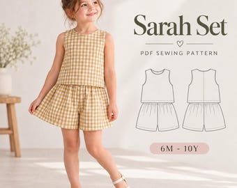 Patrón de costura en PDF de dos piezas de lino para niñas, conjunto de verano para niñas pequeñas, top y shorts para principiantes.