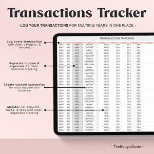 May include: A digital tablet displaying a "Transactions Tracker" spreadsheet. The screen shows financial data with columns for date, income, expenses, and amounts. Text on the screen highlights features like tracking transactions, separating income and expenses, and creating custom categories.