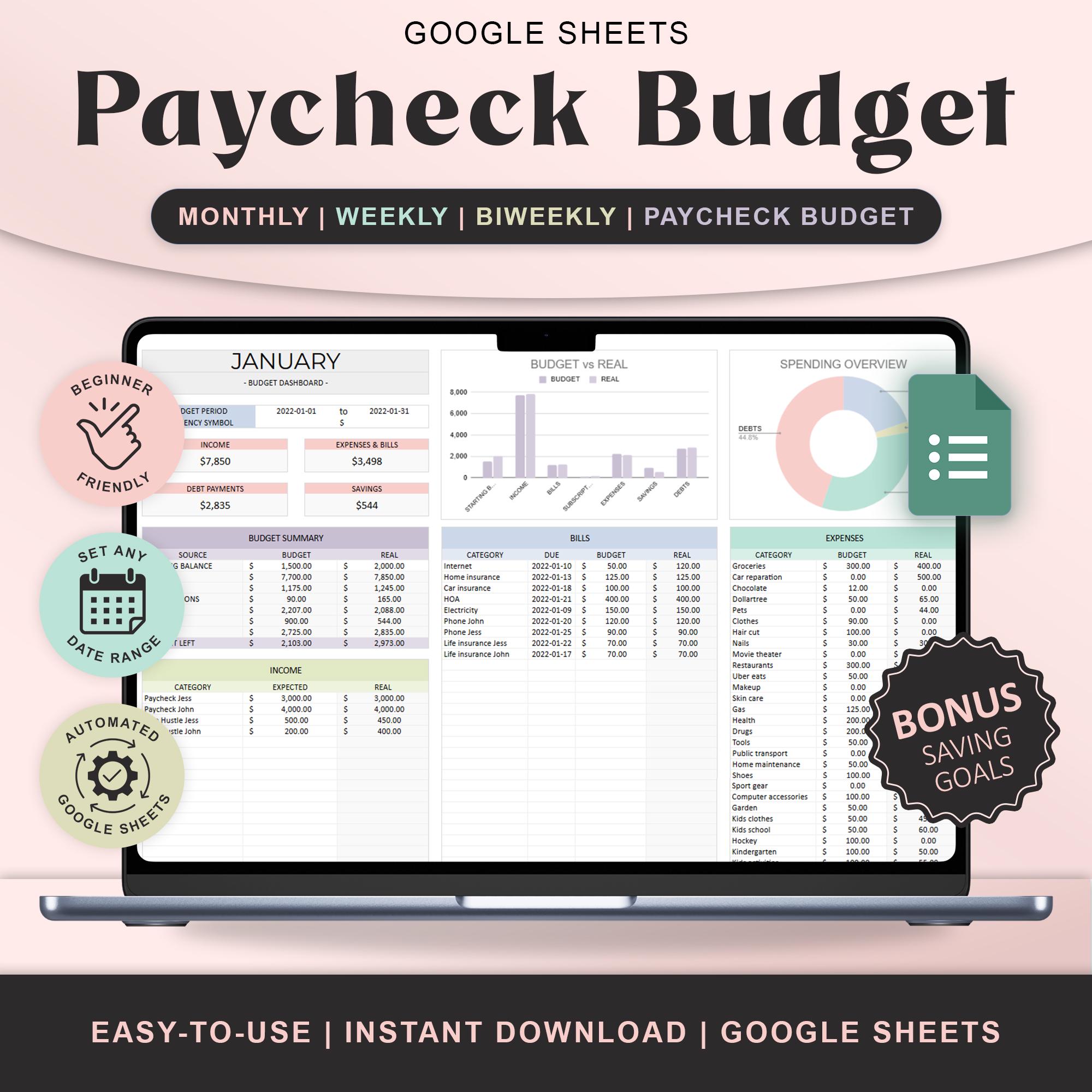 Paycheck Budget Spreadsheet Google Sheets Template Weekly Biweekly and ...
