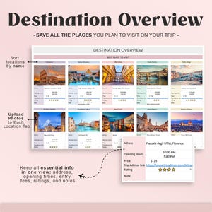 May include: A Destination Overview travel planner with a pink background. The planner includes sections for address, opening hours, price, and ratings. The text "Destination Overview" is at the top, with the text "Save all the places you plan to visit on your trip."