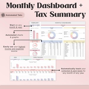 May include: A digital spreadsheet titled "Monthly Dashboard + Tax Summary" with charts and graphs. The spreadsheet includes automated tabs, charts, and graphs. It allows users to track income, expenses, and taxes. The text includes "Start on any month & year" and "Automatically track your collected & paid taxes by any month of any year."
