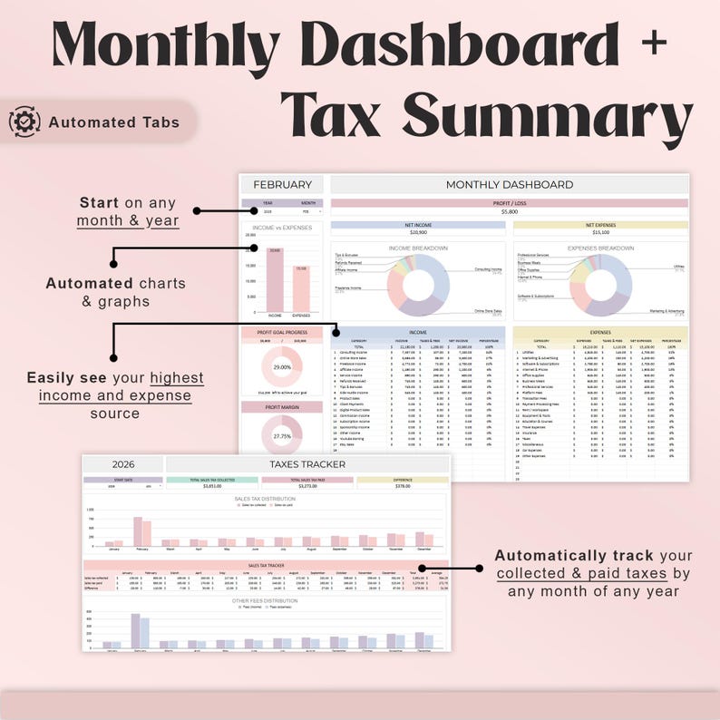 May include: A digital spreadsheet titled "Monthly Dashboard + Tax Summary" with charts and graphs. The spreadsheet includes automated tabs, charts, and graphs. It allows users to track income, expenses, and taxes. The text includes "Start on any month & year" and "Automatically track your collected & paid taxes by any month of any year."