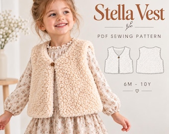 Patrón de costura en PDF para chaleco infantil, patrón de chaleco de piel sintética para niñas, chaleco de invierno de peluche para niños pequeños, tutorial de costura DIY para principiantes.
