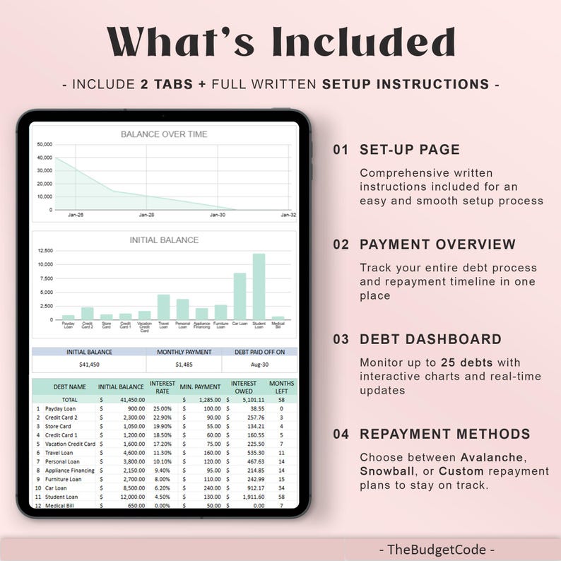 May include: A digital financial planner on a tablet displays debt tracking information. The screen shows charts, debt details, and repayment methods. Text includes "What's Included" and "TheBudgetCode".