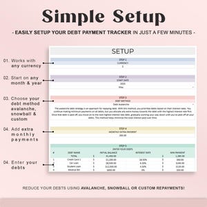 May include: A debt payment tracker setup guide with the title "Simple Setup." The guide includes steps for currency, start date, debt method (avalanche, snowball, custom), extra monthly payments, and entering debts. The text reads "Reduce your debts."