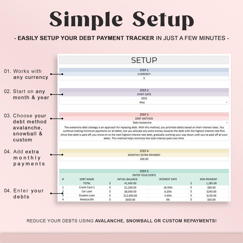 May include: A debt payment tracker setup guide with the title "Simple Setup." The guide includes steps for currency, start date, debt method (avalanche, snowball, custom), extra monthly payments, and entering debts. The text reads "Reduce your debts."