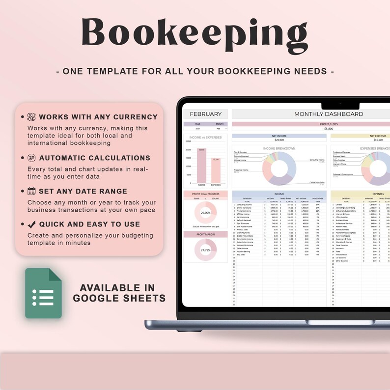 May include: A laptop screen displays a bookkeeping template with the title "Bookeeping." The template includes charts, graphs, and data tables. Text highlights features like currency compatibility, automatic calculations, and Google Sheets availability.