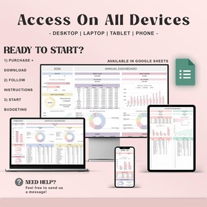 May include: A digital dashboard displayed on a desktop computer, laptop, tablet, and smartphone. The image includes the text "Access On All Devices" and "Ready to Start?" with instructions for purchase, download, and budgeting. The dashboard is available in Google Sheets.