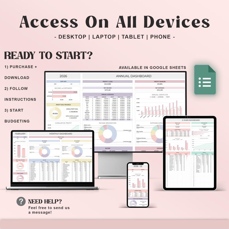 May include: A digital dashboard displayed on a desktop computer, laptop, tablet, and smartphone. The image includes the text "Access On All Devices" and "Ready to Start?" with instructions for purchase, download, and budgeting. The dashboard is available in Google Sheets.