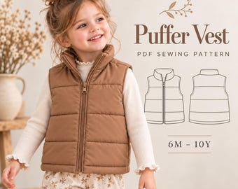 Patrón de costura para chaleco acolchado de niña, patrón de chaleco acolchado para niños, chaleco acolchado con cremallera para niños, abrigo acolchado para principiantes