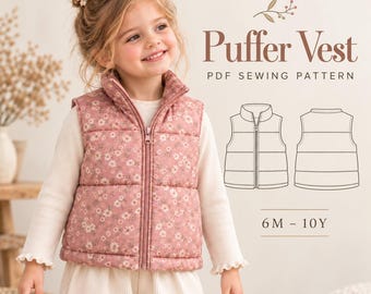 Patrón de costura para chaleco acolchado infantil, patrón de chaleco acolchado para niñas, chaleco acolchado con cremallera para niños, abrigo acolchado para principiantes