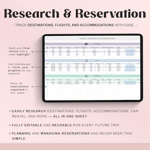 Pu&ograve; includere: Un modello digitale di ricerca e prenotazione di viaggi visualizzato su un tablet. Lo schermo mostra un foglio di calcolo per il monitoraggio di destinazioni, voli e alloggi. Il testo sull'immagine include "Research & Reservation" e "Easily research destinations, flights, accommodations, car rental, and more."