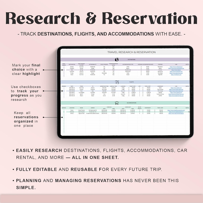 Pu&ograve; includere: Un modello digitale di ricerca e prenotazione di viaggi visualizzato su un tablet. Lo schermo mostra un foglio di calcolo per il monitoraggio di destinazioni, voli e alloggi. Il testo sull'immagine include "Research & Reservation" e "Easily research destinations, flights, accommodations, car rental, and more."