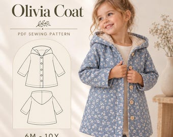 Patrón de costura en PDF para abrigo infantil, patrón de abrigo con capucha para niñas, abrigo largo para niños pequeños, patrón de chaqueta polar de invierno para niños y niñas.